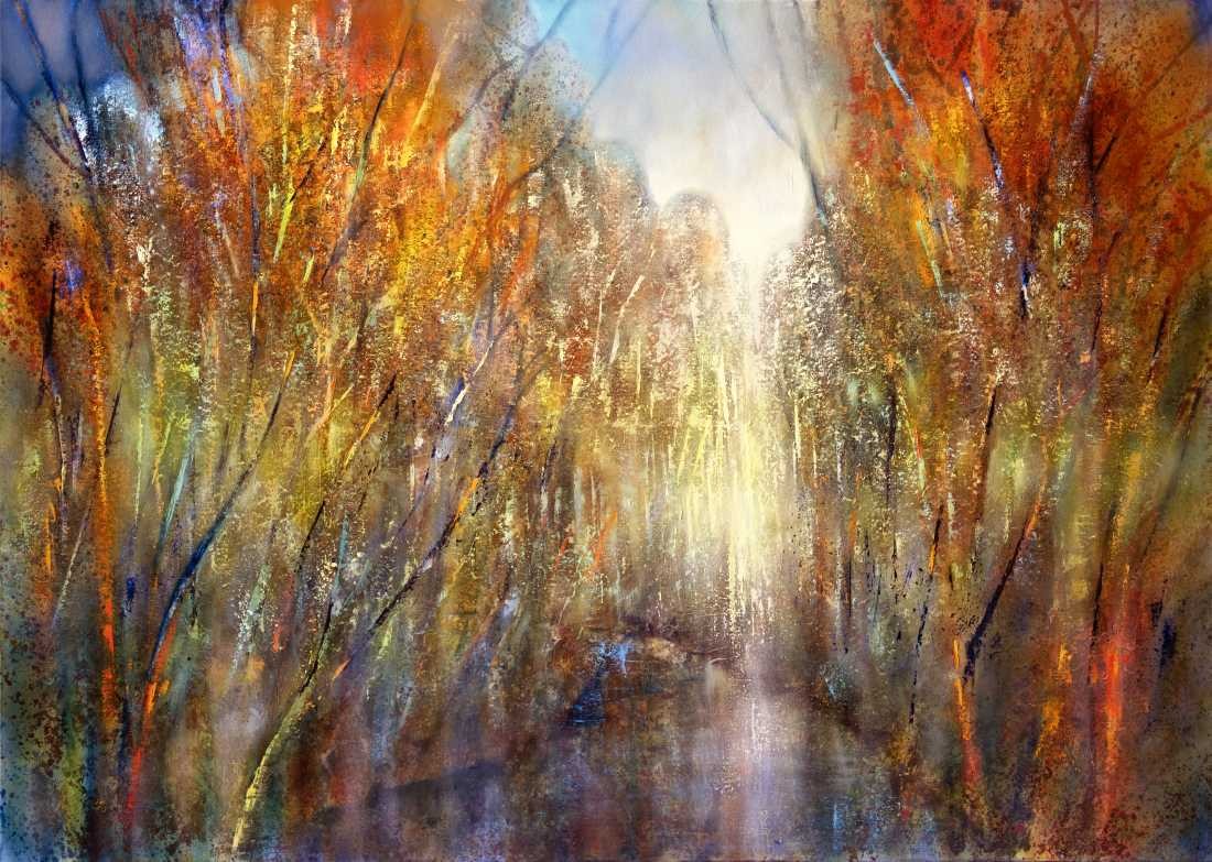 Konfiguration benutzen (Wald, Natur, Bäume, Fluss, Flussufer, modern, Herbst, Jahreszeit, Leuchten, Treppenhaus, Wohnzimmer, Arztpraxis, Wunschgröße, Malerei, bunt)