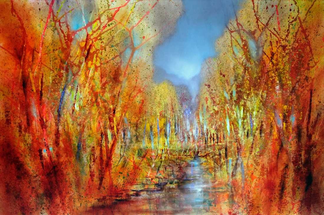 Konfiguration benutzen (Wald, Natur, Bäume, Fluss, Flussufer, modern, Herbst, Jahreszeit, Leuchten, Treppenhaus, Wohnzimmer, Arztpraxis, Wunschgröße, Malerei, bunt)