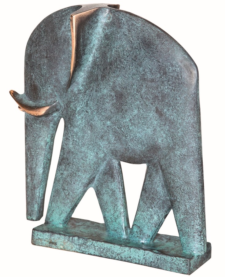 Raimund Schmelter, Bronzefigur Elefant, 19 x 22cm (Elefant, Großwild, Plinthe, schreiten, reduziert, Tiere, Skulptur, Bronze, Metall, Plastik,  Wohnzimmer, Büro, Patina, bronzefarben)