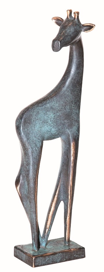 Raimund Schmelter, Bronzefigur Giraffe, 34 x 10cm (Giraffe, Eleganz, Großwild, Plinthe, reduziert, Tiere, Skulptur, Bronze, Metall, Plastik,  Wohnzimmer, Büro, Patina, bronzefarben)