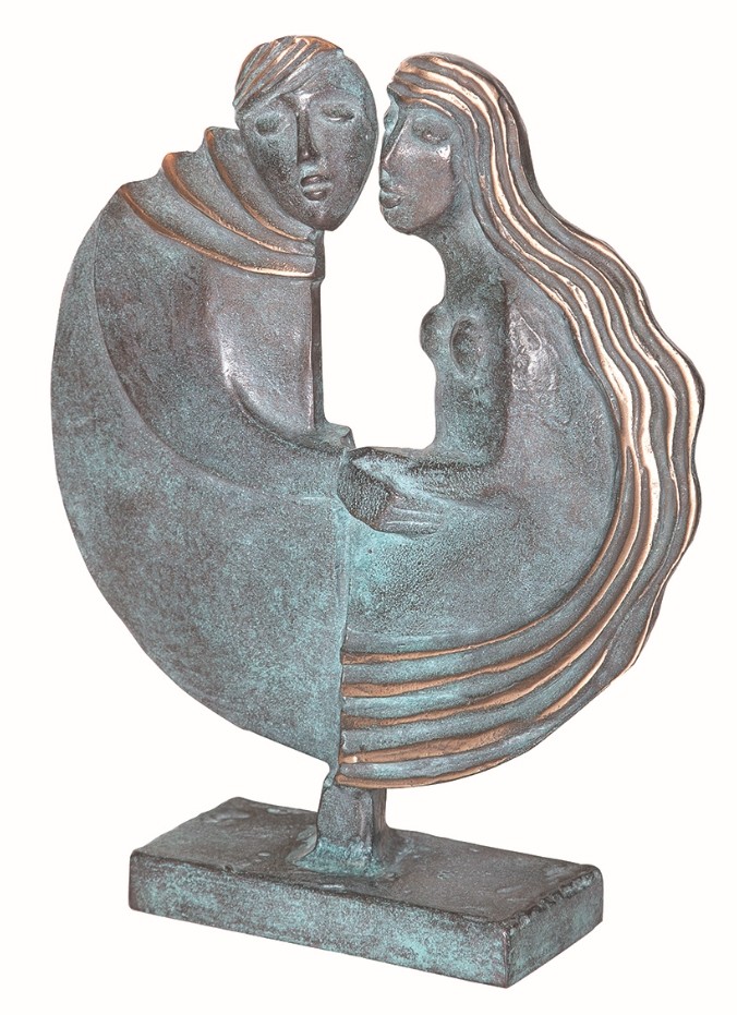 Raimund Schmelter, Figur Paar, 29 x 24cm (Paar, Verbundenheit, Nähe, Zuneigung, Harmonie, People & Eros, Plinthe, reduziert,  Skulptur, Bronze, Metall, Patina, Plastik, Wohnzimmer, Schlafzimmer, bronzefarben)