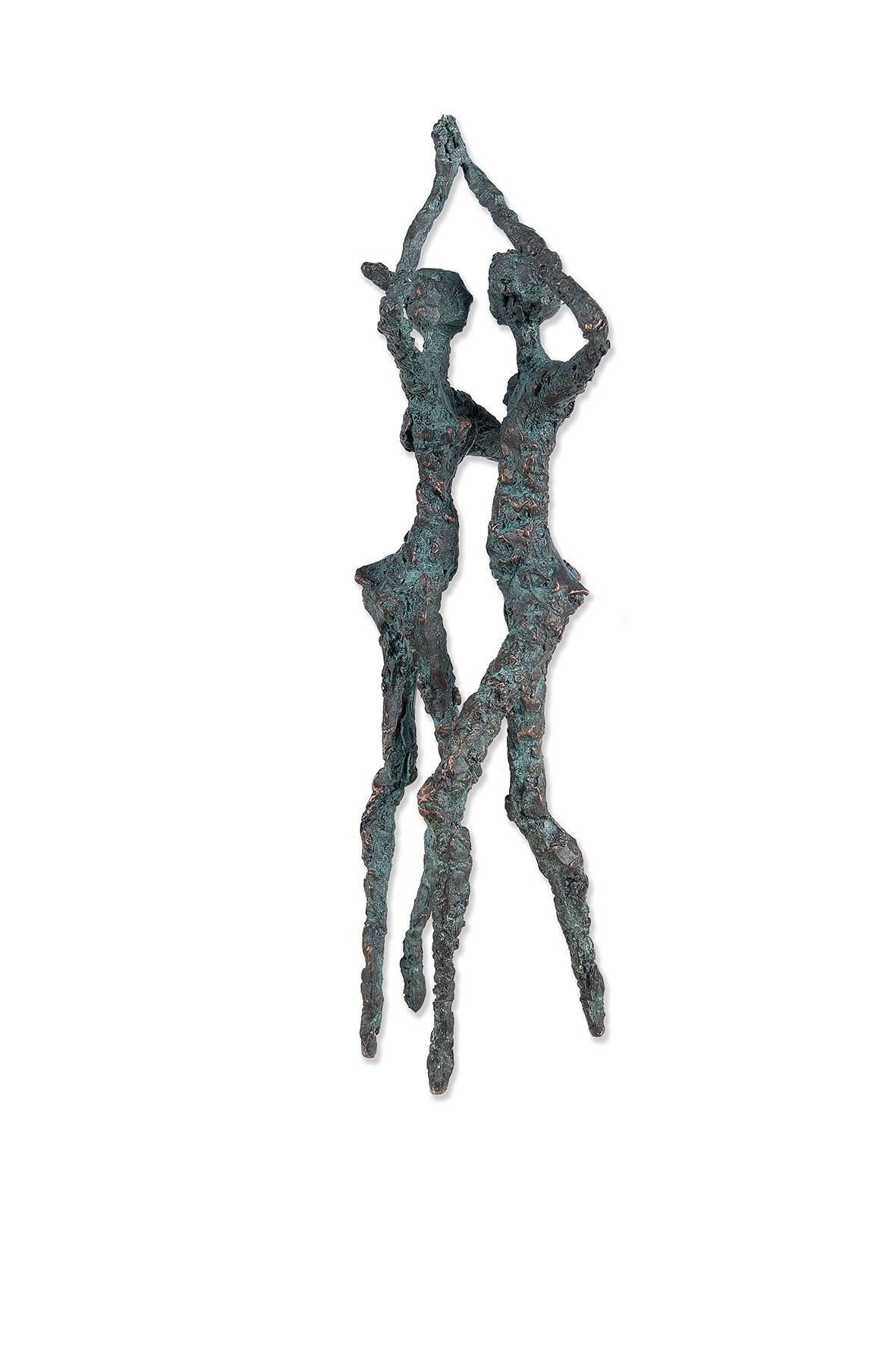 Luise Kött-Gärtner, Bronzeskulptur Das Spiel der Gegensätze, 30 x 14 x 7,5cm (Tanz, Paar, Mann, Frau, Bewegung, Bronze, raue Oberfläche, Figuren, Nähe, Inspiration, Motivation, Skulpturen, Wohnzimmer)
