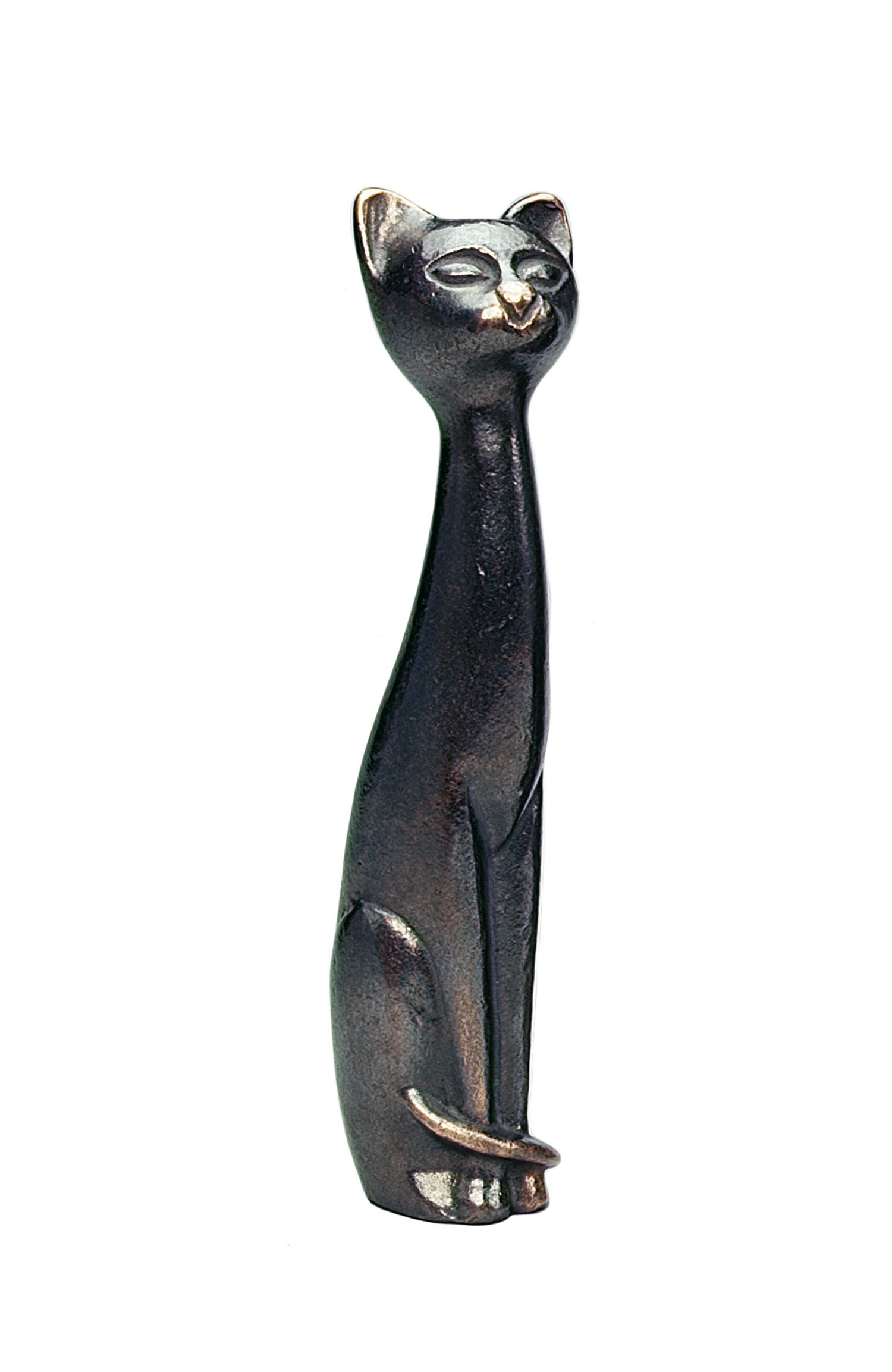 Kerstin Stark, Sitzende Katze, klein, 15cm (Katze, sitzende Katze, Eleganz, Handschmeichler, Tierisches, Skulptur, Plastik, Bronze, Figur, Wohnzimmer, Büro, bronzefarben)