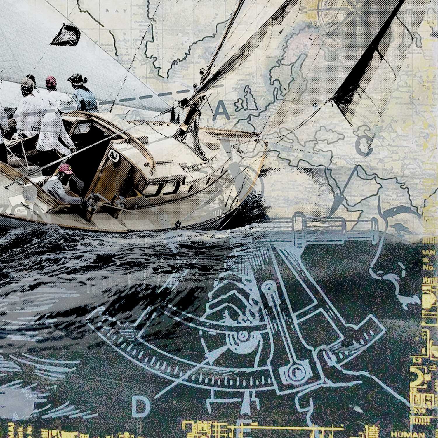 Peter Sander, Classic Yachts (Segelboot, Meer, Wassersport, Kombination Foto und Malerei, Popart Künstler, modern, illustrativ, Wunschgröße, Treppenhaus, Wohnzimmer,)