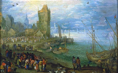 JAN BRUEGHEL DER ÄLTERE, Fischmarkt am Meeresstrand. (Meer, Küste, Fischer, Fischfang, Fischmarkt, Fischerboote, Landschaft, Genremalerei, Barock, Klassiker, Malerei, Wunschgröße, Wohnzimmer, bunt)