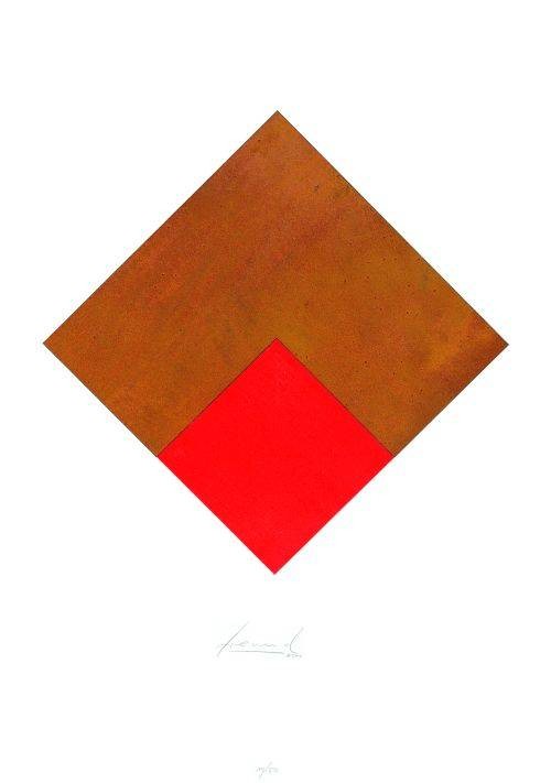 Freund Jürgen Rombe Rost & Rot (Collage, handsigniert) (Quadrate, Geometrie, Muster,  Mathematik, Farbflächen, Original, abstrakt, Grafik, Collage, signiert, braun/rot)