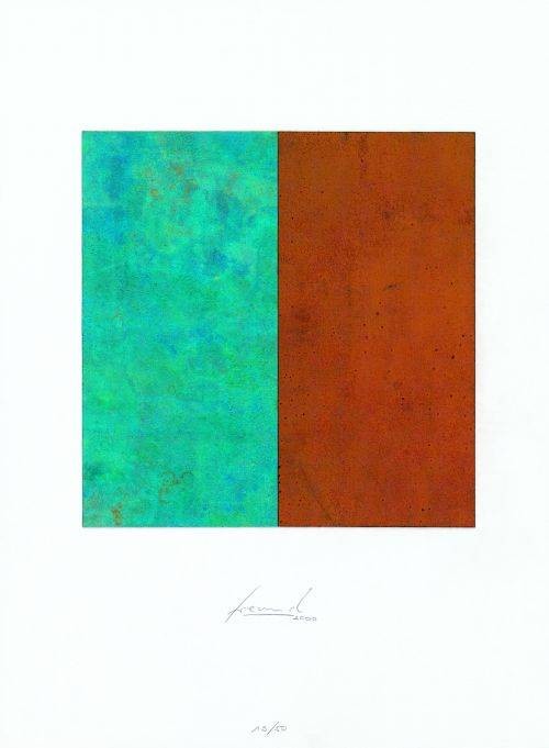 Freund Jürgen Quadrat Rost & Grünspan (Collage, handsigniert) (Quadrat, Teilung, Geometrie, Rechtecke, Mathematik, Farbflächen, abstrakt, Original, Grafik, Collage, signiert, braun/grün)