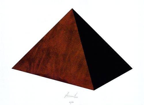Freund Jürgen Pyramide Rost & Schwarz (Collage, handsigniert) (Pyramide, Geometrie, geometrische Figur, Mathematik, Farbflächen, Original, Grafik, Collage, signiert, braun)