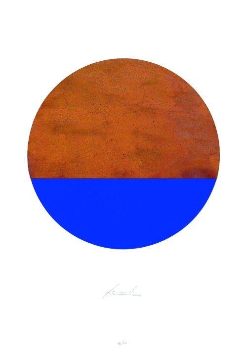 Freund Jürgen Kreis Rost & Ultramarin-Blau (Collage, handsigniert) (Kreis, Geometrie, Farbflächen, abstrakt, Original, Grafik, Collage, signiert, braun/blau)