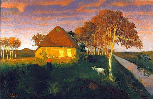 Otto Modersohn, Moorkate im Abendsonnenschein. 1899. (Sonnenuntergang, Sonnenlicht, Kanal, Wiese, Kate, Reetdach, Ziege, Idylle, Landschaft, Landschaftsmalerei,  Künstlerkolonie Worpswede, Klassische Moderne,   Wohnzimmer, Treppenhaus, Wunschgröße)