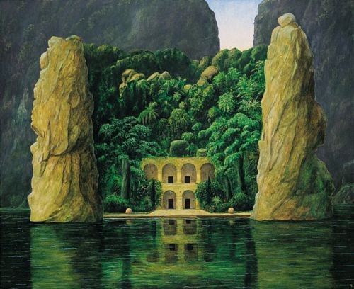 Andreas Scholz, Temple of Trust (Felsen, Felsentürme, Tempel, See, Spiegelungen, Bäume, magisch, mystisch, spirituell, religiös, Malerei, Schlafzimmer, Wohnzimmer, Treppenhaus, grün/bunt)