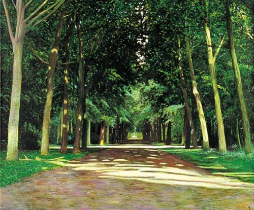 Andreas Scholz, Wegkreuzung im Park (Park, Parkweg, Sonnenlicht, Allee, Bäume, Sommer, Malerei, Schlafzimmer, Wohnzimmer, Treppenhaus, bunt)