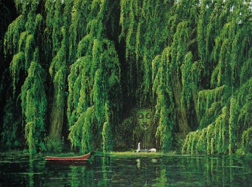 Andreas Scholz, God´s Giving (Wald, Bäume, Waldsee, üppig, Boot, Skulptur, Buddha, magisch, mystisch, spirituell, religiös, Malerei, Schlafzimmer, Wohnzimmer, Treppenhaus, grün)