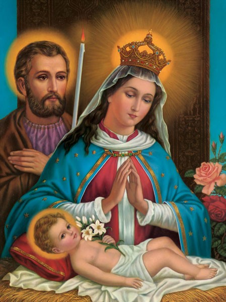 Anonym, MARIA DIE GNADENREICHE, ALTA GRACIA (Malerei, Madonna, Maria, Krone, Beten, Joseph, Heilige Familie, Christuskind, Lilien, Symbol, religiös, Christlich, spirituell, Wohnzimmer, Schlafzimmer, Wunschgröße, bunt)