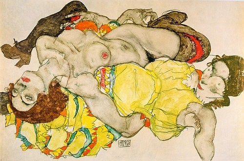 Egon Schiele, Zwei Mädchen in verschränkter Stellung liegend. 1915. (Schiele,Egon,1890-1918,Wien,Albertina,Gouache,Lesbische Liebe,Schiele,Egon Schiele,frauen,nackt,erotik,räkelnd)