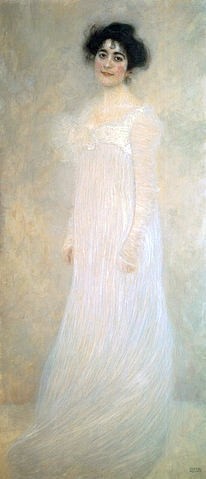 Gustav Klimt, Bildnis Serena Lederer. 1899. (Klimt,Gustav,1862-1918,New York,Metropolitan Museum,19. Jahrhundert,Portrait,Jugendstil,Frau,Klimt, Gustav Klimt,1862-1918,Art Nouveau,Wiener Secession,Dame,zart,weiß,hell,Jugendstil,langes Kleid,schwarze Haare,Kontrast,elegant,Abendkleid)