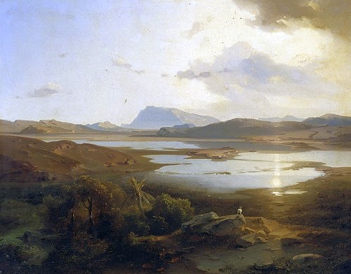 Carl Rottmann, Der Kopais-See in Böotien mit dem Parnass. Um 1837 (Landschaftsmalerei, See, Bergsee, Horizont, Griechenland, mythisch, episch, heroisch, Antike, Malerei, Romantik, Klassiker, Wunschgröße,  Wohnzimmer, bunt)