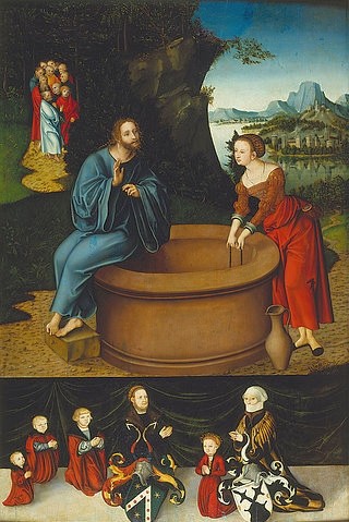 LUCAS CRANACH Der Ältere, Christus und die Samariterin am Brunnen. Unten: Familienbild des Stifters. (Jesus Chrsitus, Brunnen, Frau, Gespräch, neues Tstament, Religion, ,Neues Testament, Stifterfamilie, Predella, Wappen, Klassiker, Renaissance, Wunschgröße, Wohnzimmer)