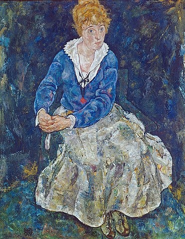 Egon Schiele, Bildnis der Frau des Künstlers, sitzend. 1918 (Öl auf Leinwand,Portrait,20. Jahrhundert,Wien,Österreichische Galerie Belvedere,1890-1918,Schiele,Egon,Schiele, Egon 1890-1918,Frau,sitzen,blaue Bluse,Edith Schiele,Belvedere,blau,weiß,nachdenklich)