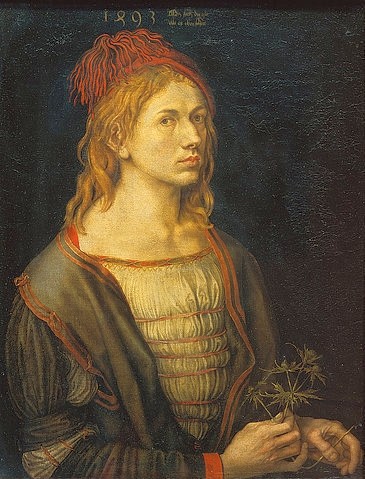 Albrecht Dürer, Selbstbildnis mit Distel. 1493 (Paris,Musée du Louvre,Dürer,Albrecht,1471-1528,Pergament/Lwd.,Selbstbildnis,Dürer, Albrecht Dürer,Renaissance,Maler,Künstler,Quasten,Kopfbedeckung,lange Haare,langhaarig,Falten)