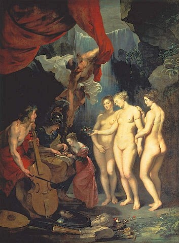 Peter Paul Rubens, Medici-Zyklus: Die Erziehung der Maria de' Medici. 1622-25 (Barock,17. Jahrhundert,1577-1640,Rubens,Peter Paul,Paris,Musée du Louvre,Rubens, Peter Paul Rubens,Weibliche Akte,Musik,Allegorie,Musikinstrument,Cello,Akt,Merkur,Apollo,drei Grazien,unterrichten,Minerva)