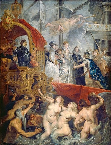 Peter Paul Rubens, Die Landung der Maria de' Medici in Marseille am 3. November 1600. (Paris,Musée du Louvre,Rubens,Peter Paul,1577-1640,Öl auf Leinwand,17. Jahrhundert,Barock,Rubens, Peter Paul 1577-1640,Geschichte, Frankreich,König Heinrich IV,Henri IV,Maria de Medici,Neptun,Nereiden,Akte,Ankunft,Empfang,Fanfaren,königlich,königlicher Emp)