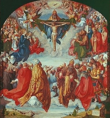 Albrecht Dürer, Das Allerheiligenbild. Anbetung der Dreifaltigkeit als Vision einer Civitas Die. 1511 (Wien,Kunsthistorisches Museum,Dürer,Albrecht,1471-1528,Pappelholz,Photobusiness/ARTOTHEK,Heilig,Dreifaltigkeit,Dürer,renaissance,anbetung,15. Jahrhundert,16. Jahrhundert,Landauer Altar)