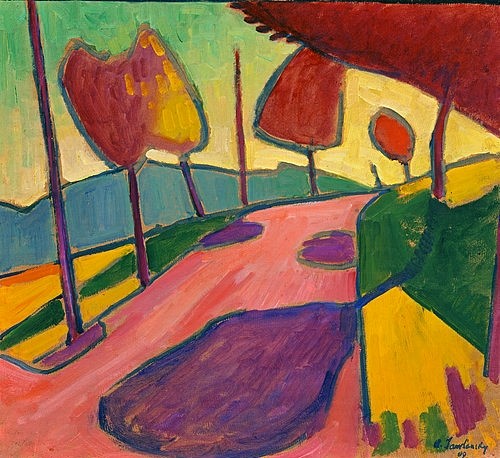 Alexej von Jawlensky, Murnauer Landschaft. 1909 (Jawlensky,Alexej von,1864-1941,München,Städtische Galerie,Öl/Pappe,Straße,Jawlensky, Alexej von 1864-1941,Murnau,Landschaft,Bayern,Oberbayern,20. Jahrhundert)