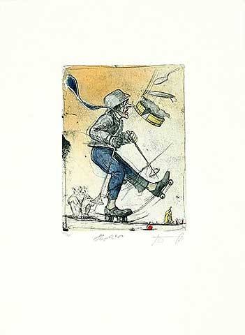 Noßmann Andreas Slapstick (Radierung, nummeriert, handsigniert) (Rollschuhläufer, ausrutschen, fallen, Karrikatur, Original, signiert, Wohnzimmer, Treppenhaus, Grafik, bunt)