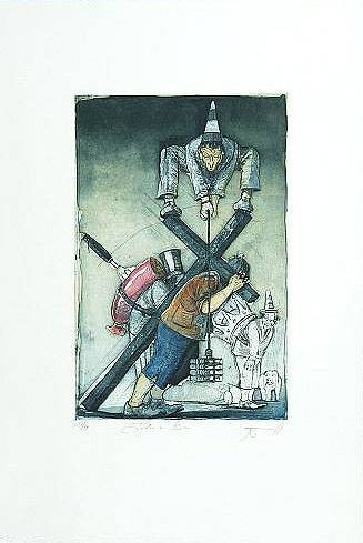 Noßmann Andreas Jedem sein Kreuz (Radierung, handsigniert) (Groteske, Clown, 
Kreuz, Gewicht, Belastung, Symbol, Original, signiert, Wohnzimmer, Treppenhaus, Grafik, bunt)