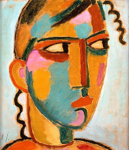 Alexej von Jawlensky, Kopf eines Mädchens. (20. Jahrhundert,Öl/Karton,Christie's Images Ltd,1864-1941,Jawlensky,Alexej von,Frau,Jawlensky, Alexej von 1864-1941,Blauer Reiter,skeptisch,skeptischer Blick,Locke,seitlich,Expressionismus,Kopf,blauer Hintergrund)