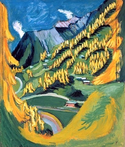 Ernst Ludwig Kirchner, Bergabhang mit gelben Bäumen. 1924/26 (Kirchner,Ernst Ludwig,1880-1938,Christie's Images Ltd,20. Jahrhundert,Expressionismus,Landschaft,gebirge,landschaft,Berge,Berg,Bäume,Kirchner, Ernst Ludwig 1880-1938,grün,gelb,expressiv)