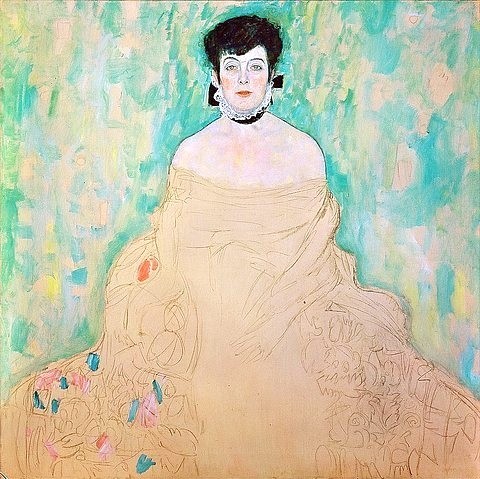 Gustav Klimt, Bildnis Amalie Zuckerkandl. 1917/18 (unvollendet) (Wien,Belvedere,Jugendstil,Portrait,20. Jahrhundert,Öl auf Leinwand,1862-1918,Klimt,Gustav,Frau,gustav klimt,porträt,kleid,Amalie Zuckerkandl,Miriam Amalie Schlesinger,unvollendet,schulterfrei,quadratisch)