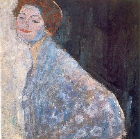 Gustav Klimt, Damenbildnis in weiß. 1917/18 (Klimt,Gustav,1862-1918,Wien,Österreichische Galerie Belvedere,Öl auf Leinwand,20. Jahrhundert,Frau,Klimt, Gustav 1862-1918,unvollendet,quadratisch,weiß,lächeln)