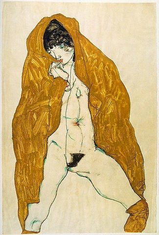 Egon Schiele, Weiblicher Akt mit gelbem Umhang. 1914 (Schiele,Egon,1890-1918,20. Jahrhundert,Expressionismus,Weiblicher Akt,Schiele, Egon Schiele,1890-1918,Frau,Erotik,erotisch,mager,knochig,Scham)