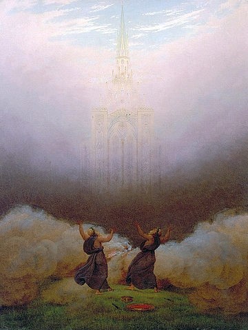 Caspar David Friedrich, Die Vision der christlichen Kirche. Um 1812 (Vision, Erscheinung, Kirche, Religion, Druiden, Heidentum, Priester, gotische Kathedrale, Opferschale, Klassiker, Wohnzimmer, Treppenhaus, Malerei, Romantik, Wunschgröße, bunt)