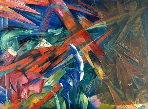 Franz Marc, Tierschicksale. 1913. (Der Blaue Reiter,Expressionismus,20. Jahrhundert,Basel,Kunstmuseum,1880-1916,Marc,Franz,expressiv,expressionistisch,tier,tiere,blauer reiter,strahlen,reh,kuh,pferd,füchse,deutsch,abstrakt)