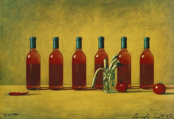 Andreas Scholz, Rosé & Tomaten (Stillleben, Flaschen, Wein, , Alkohol, Tomaten, Chili, modern, Malerei, zeitgenössisch, Esszimmer, Küche, bunt)