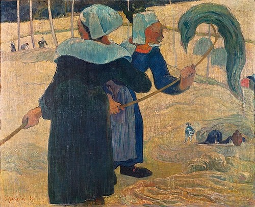 Paul Gauguin, Die Heumacherinnen. 1889 (Gauguin,Paul,1848-1903,Privatbesitz Schweiz,Gauguin, Paul Gauguin,Post-Impressionismus,Bäuerin,Bäuerinnen,Ernte,ernten,Landwirtschaft,Heu,Tracht,Haube,Hauben,Frauen,Feldarbeit,Bretagne)