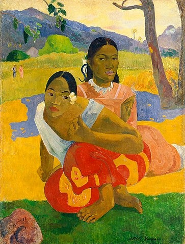 Paul Gauguin, Nafea Faaipoipo (Wann wirst du heiraten?). 1892 (Gauguin,Paul,1848-1903,Staechelin'sche Familienstiftung,Öl auf Leinwand,19. Jahrhundert,Gauguin, Paul Gauguin,Post-Impressionismus,Frauen,Südesee,Tahiti,Exotik,exotisch,farbenfroh,Farben,tropisch,Frage)