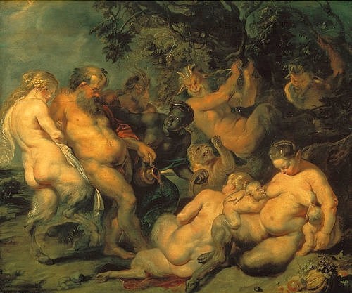 Peter Paul Rubens, Das Bacchanal. Um 1615 (Weinfest, Mythologie, Götter, Satyrn, Fest,  Gelage, Trinken, Orgie,nackte Menschen, betrunken,  Bacchanten, Bacchantinnen, Ziegenkopf, Barock, Klassiker, Malerei, Treppenhaus, Wohnzimmer, Wunschgröße, bunt)