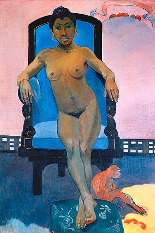 Paul Gauguin, Aita Tamari Vahine (La Javanaise). (Gauguin,Paul,1848-1903,Privatbes. Prof.Hahnloser,Bern,Gauguin, Paul Gauguin,19. Jahrhundert,Postimpressionismus,Frau,Akt,Weiblicher Akt,Hautfarbe,dunkelhäutig,exotisch,Exotik,Affe,Äffchen,Sessel,Fußkissen,frontal,Schnitzerei,geschnitzt,sitzen,Sitzende)