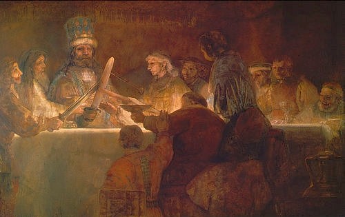 Rembrandt van Rijn, Die Verschwörung des Claudius Civilis. Um 1661/62 (Rembrandt van Rijn,1606-1669,Stockholm,Nationalmuseum,Öl auf Leinwand,Antike,Rembrandt,van Rijn Rembrandt,17. Jahrhundert,Barock,Julius Civilis,Aufstand,Erhebung,Revolte,Häuptling,Rebell,Stammesfürst,Batavier,Bataver,Westgermanen,Germanen,Geschichte,Krieg)