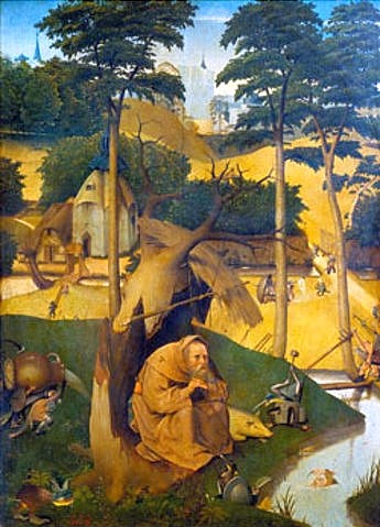 Hieronymus Bosch, Der heilige Antonius. Um 1490 (Malerei, Klassiker,  Renaissance, biblische Gestalt, Heiliger Antonius, Einsiedler,  Phantasie, Landschaft, Wunschgröße, bunt)