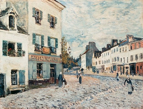 Alfred Sisley, Marktplatz in Marly. 1876 (Impressionismus,19. Jahrhundert,Lwd.,1839-1899,Sisley,Alfred,Mannheim,Kunsthalle,Sisley, Alfred Sisley,1839-1899,Frankreich,Straße,Straßenszene)