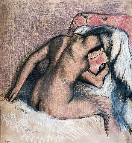 Edgar Degas, Dame bei der Toilette, den Nacken abtrocknend. 1905/07 (20. Jahrhundert,19. Jahrhundert,Pastell,Sammlung J.Müller,Solothurn,1834-1917,Degas,Edgar,Körperpflege,Degas, Edgar 1834-1917, französischer impressionismus,impressionistisch,französisch,sich abtrocknen,Frau,Akt,Handtuch,intim)