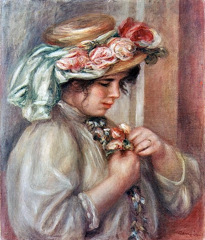 Pierre-Auguste Renoir, Mädchen mit Hut. (Mädchen, junge Frau, Portrait, Profil, Hut, Blumenhut, Impressionismus, klassische Moderne, Wunschgröße, Wohnzimmer, Malerei)