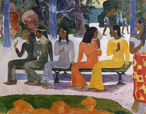 Paul Gauguin, Ta Matete (Der Markt). 1892. (Gauguin,Paul,1848-1903,Basel,Kunstmuseum,Öl auf Leinwand,Gauguin, Paul Gauguin,19. Jahrhundert,Südsee,Frauen,Bank,ägyptische Malerei,Gesten,Gestik,symbolisch,aufgereiht)