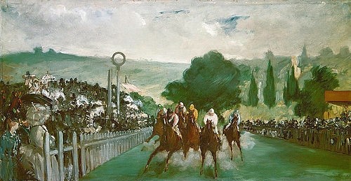 Édouard Manet, Pferderennen in Longchamps. 1864 (Rennbahn, Reitsport, Pferderennen, Pferdesport, Reiten, Reiter,Jockey, Jockeys, Zuschauer, Freizeitvergnügen, Impressionismus, Wohnzimmer, Klassiker, Wunschgröße,)