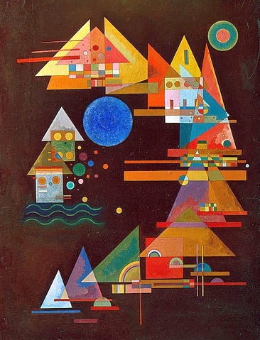 Wassily Kandinsky, Spitzen im Bogen. 1927 (Klassische Moderne, Malerei, abstrakte Kunst, geometrische Formen, Meer, Boote, Segelboote,  Wellen, Häuser, Linien, Kreise, Dreiecke, Bögen, Wohnzimmer, Büro, Arztpraxis, Wunschgröße, bunt)